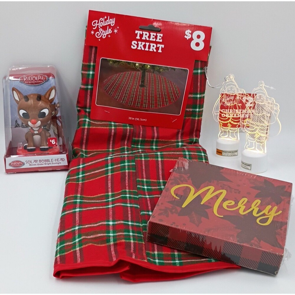 5 Pc Christmas Decor Set-Plaid Tree Skirt Lighted Santa Solar Rudolph Merry Box